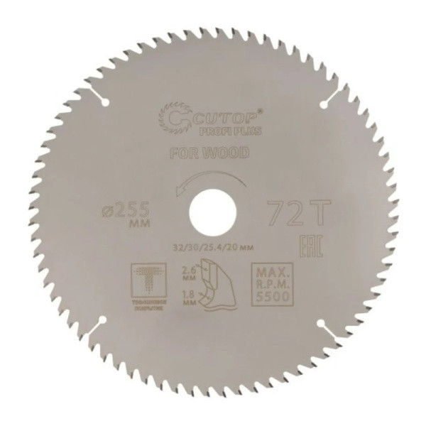 Диск пильный по дереву твердосплавный 255x32/30/25,4/20 z72 тефлоновое покрытие Cutop Profi plus