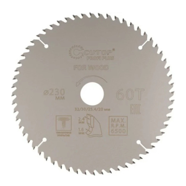 Диск пильный по дереву твердосплавный 230x32/30/25,4/20 z60 тефлоновое покрытие Cutop Profi plus