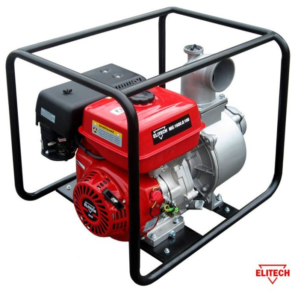 Мотопомпа ELITECH МБ1600Д100 (E0105.004.00) 4-х тактн. 7,5л.с, 1600л/мин, ф7мм, H 27м, Н всас.7м, 100мм, бак 3,6л, 30кг