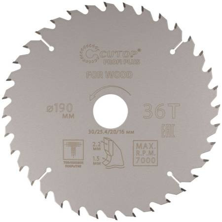 Диск пильный по дереву твердосплавный 190x30/25,4/20/16 z36 тефлоновое покрытие Cutop Profi plus