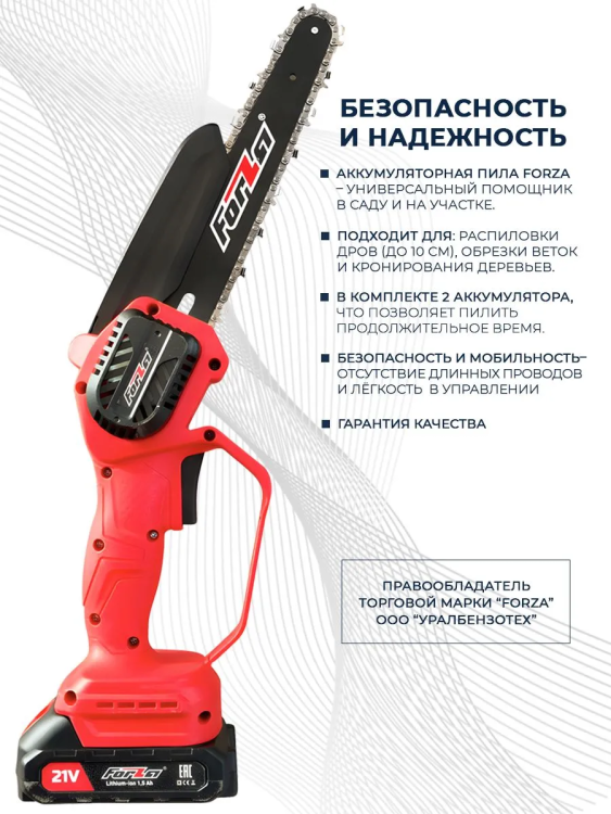 Пила цепная аккумуляторная Forza BL21-8(380Вт, шина 8",46зв.,безщеточный мотор,5000об/мин.,кейс,2АКБ