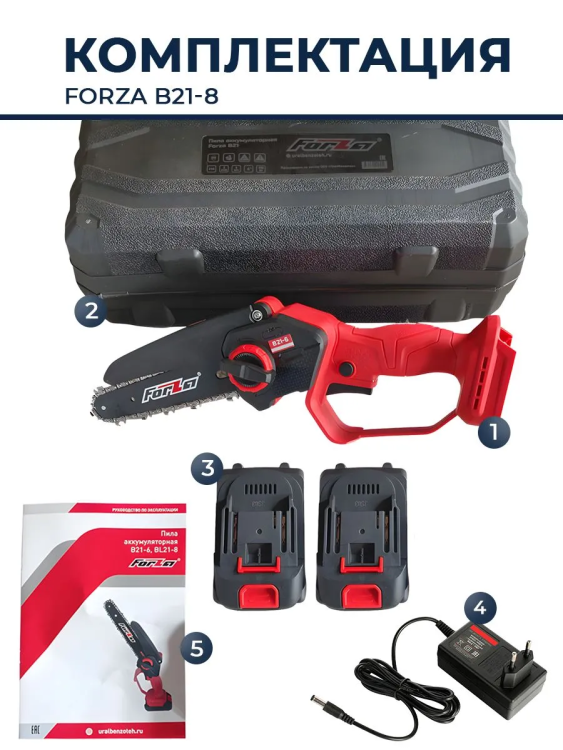 Пила цепная аккумуляторная Forza BL21-8(380Вт, шина 8",46зв.,безщеточный мотор,5000об/мин.,кейс,2АКБ