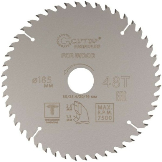 Диск пильный по дереву твердосплавный 185x30/25,4/20/16 z48 тефлоновое покрытие Cutop Profi plus