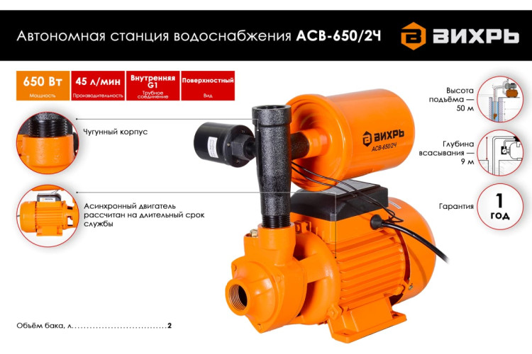 Насосная станция Вихрь ACB-650/2Ч