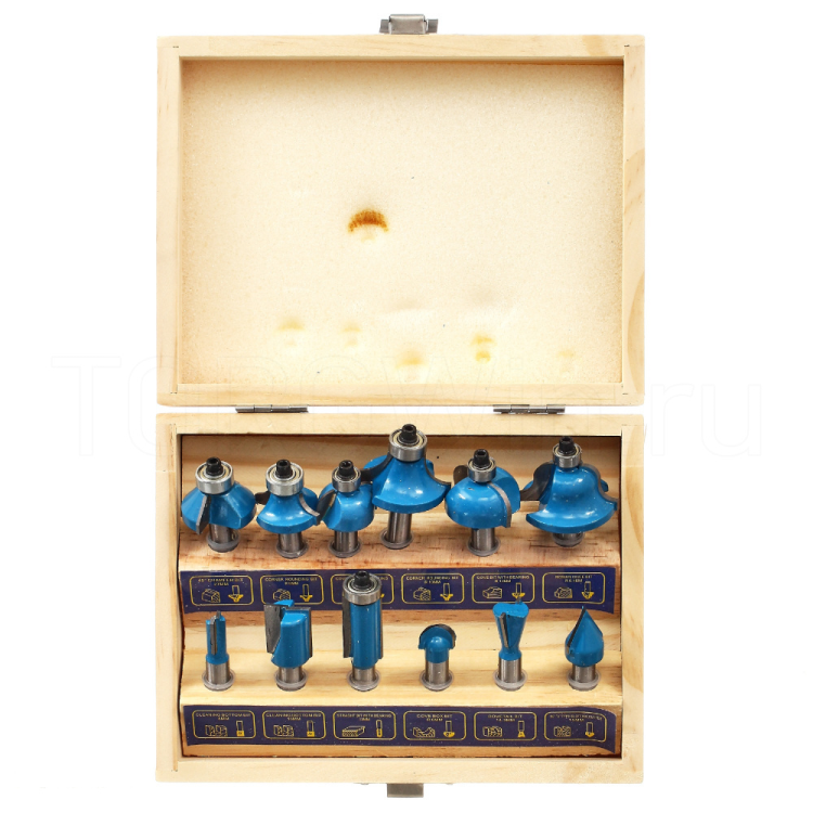 набор фрез по дереву 12 предметов деревянная коробка (D2) TORGWIN