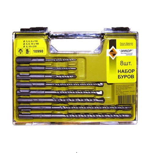 Набор буров SDS-plus 8 шт. (5х50х110; 6х50х110; 8х50х110; 6х100х160; 8х100х160; 10х100х160; 8х150х210; 10х150х210 мм) Энкор 10998
