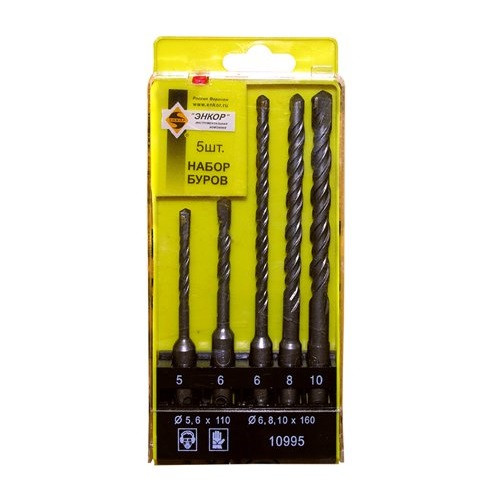 Набор буров SDS-plus 5 шт. (5х 50х110, 6х 50х110, 6х100х160, 8х100х160 и 10х100х160 мм) Энкор 10995