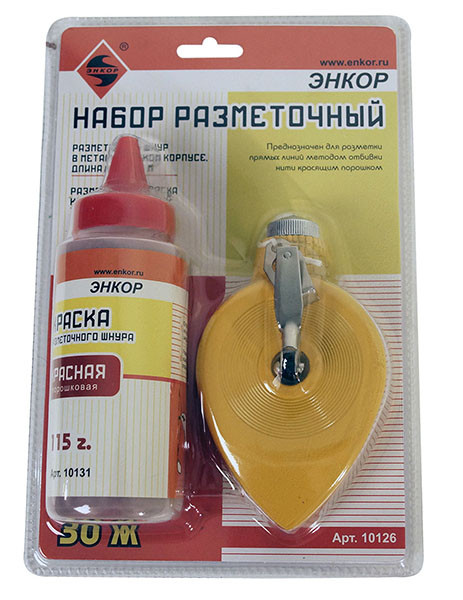Шнур для меловой разметки 30м, с краской, красная, мет. корпус, Энкор