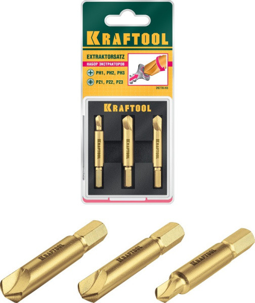 Набор экстракторов KRAFTOOL для выкручивания крепежа с износом граней шлица до 95%.PH1/PZ1,PH2/PZ2