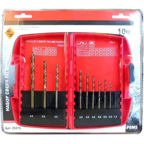 Набор сверл по металлу 10шт. 1,5-6,5мм., Р6М5 в коробке
