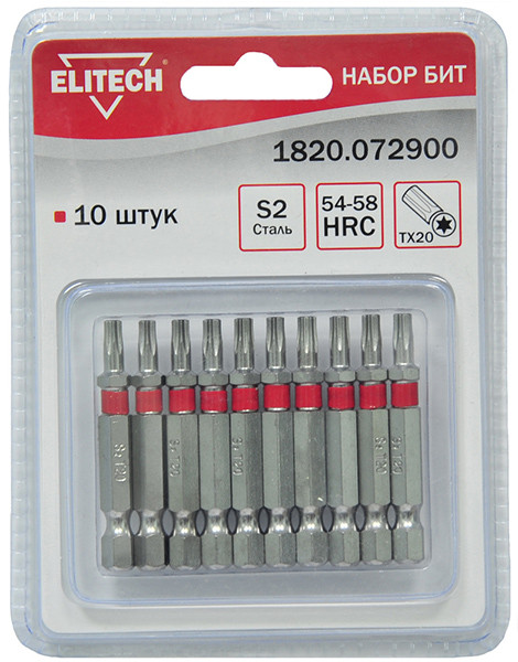 Биты TORX20 x 50мм.сталь S2, блистер10шт . Elitech 1820.072900