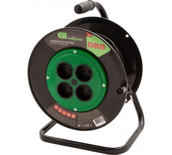 Электроудлинитель 40 м, 10А, тип УХ10, 2200 Вт на кабельной катушке, 4 розетки Сибртех