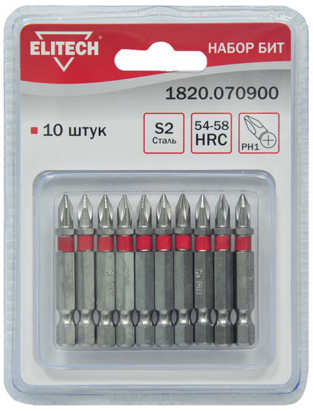 Биты PH1 x 50мм.сталь S2, блистер10шт . Elitech 1820.070900