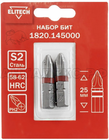 Биты PH2 25мм,сталь S2,магнит,ELITECH блистер 2шт 1820.145000