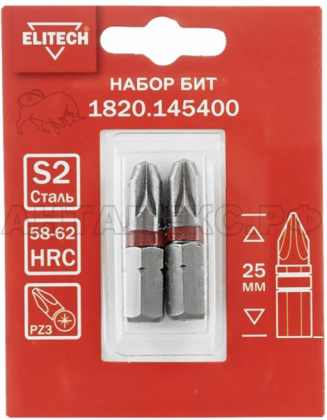 Биты PZ3, 25мм,сталь S2,магнит,блистер ELITECH 1820.145400