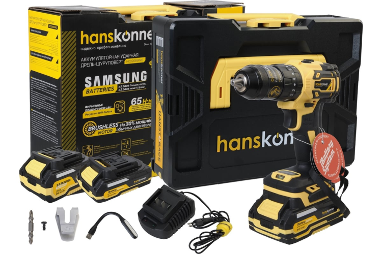 Дрель аккум. б/щ удар Hanskonner Platinum HCD2065PRO 18В, 1BatterySystem, 65Нм, 2+4Ач, кейс Hs