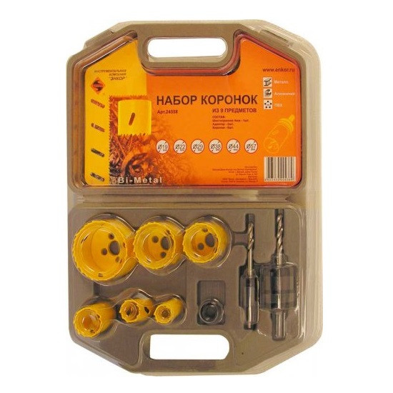 Набор коронок BiMetall, 10пред. ф19/22/29/38/44/57 +2адап., ключ S4мм, переходник М12*М14