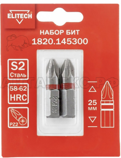 Биты PZ2,25мм,сталь S2,магнит, ELITECH блистер 2шт 1820.145300